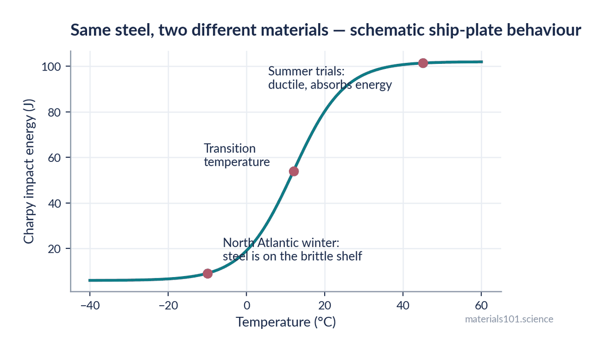 Charpy impact energy against temperature for ship plate steel